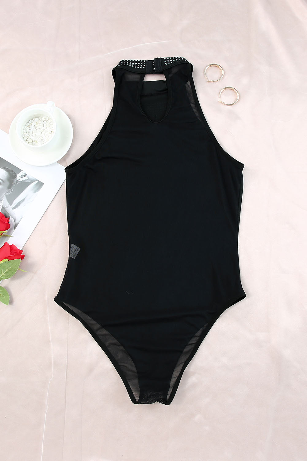 Black Rhinestone Sleeveless Halter Neck Bodysuit