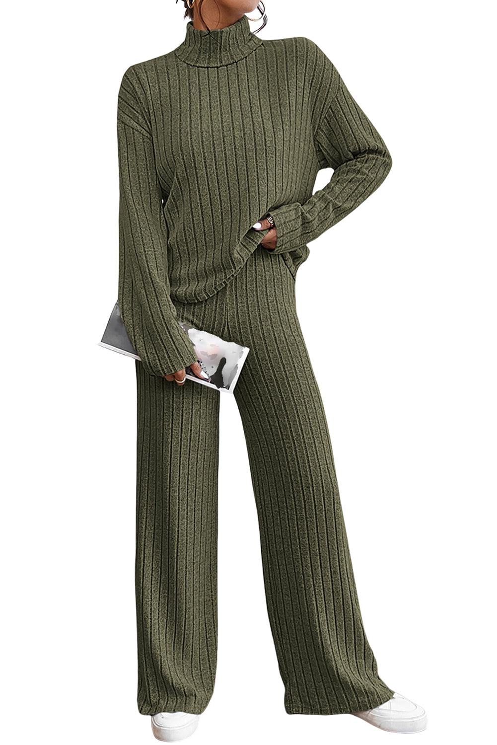 Khaki Ribbed Knit V Neck Slouchy Two-piece Outfit