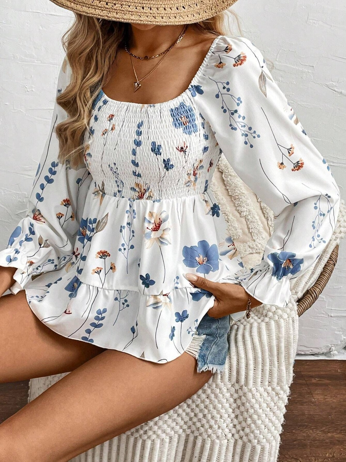 Bloom Charm Smocked Floral Blouse with Flounce Sleeves