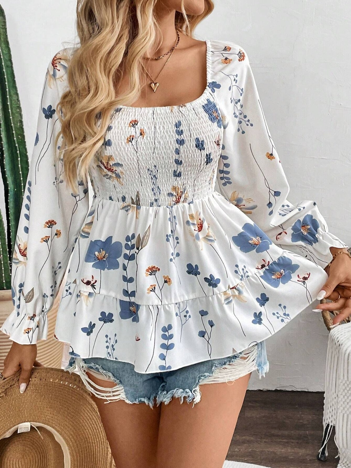 Bloom Charm Smocked Floral Blouse with Flounce Sleeves