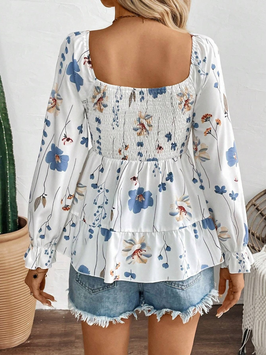 Bloom Charm Smocked Floral Blouse with Flounce Sleeves
