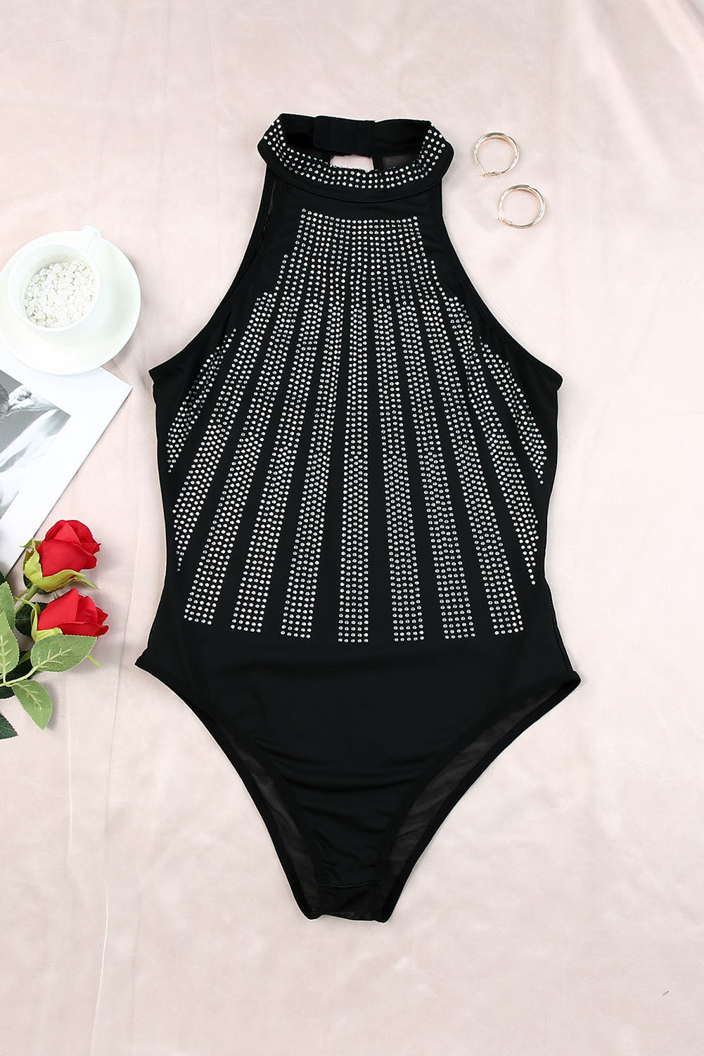 Black Rhinestone Sleeveless Halter Neck Bodysuit