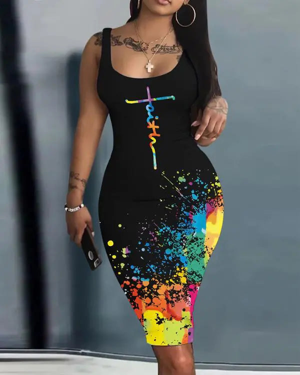 Scarf Print Sleeveless Bodycon Dress