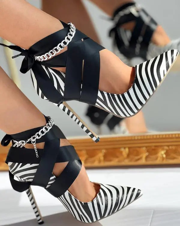 Zebra Stripe Tied Detail Stiletto Heel Pumps