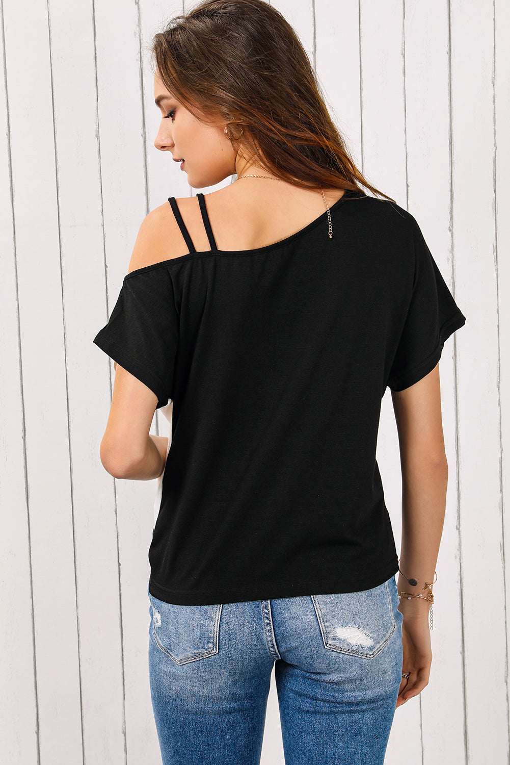 Rose Asymmetric Colorblock Strappy Cold Shoulder Twist Hem Top