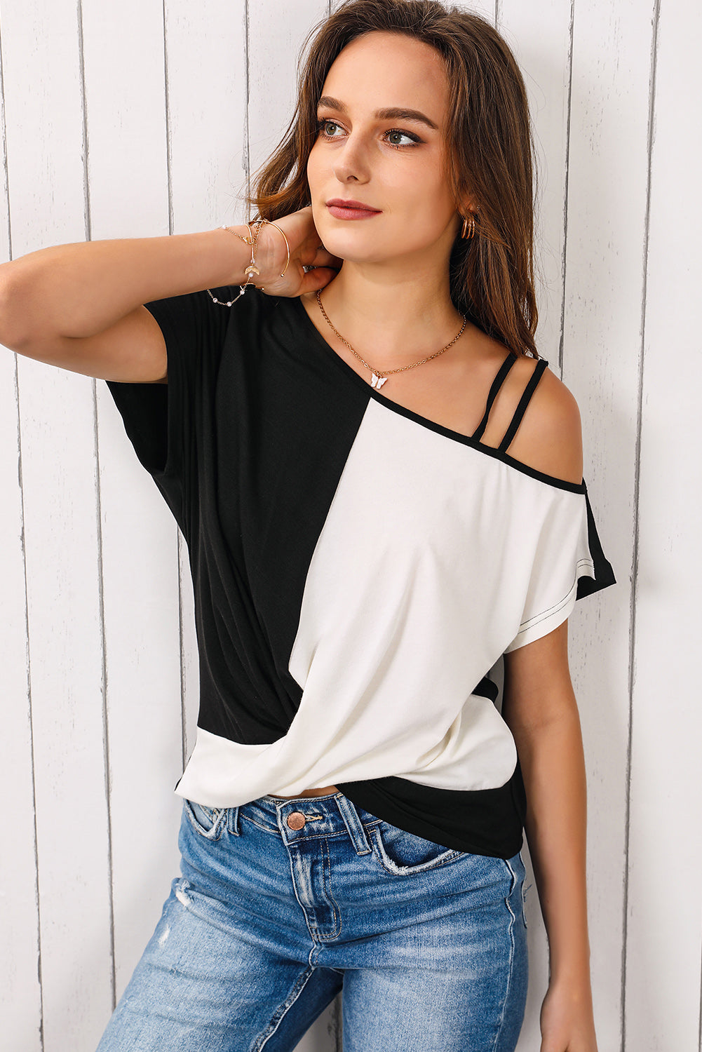 Rose Asymmetric Colorblock Strappy Cold Shoulder Twist Hem Top