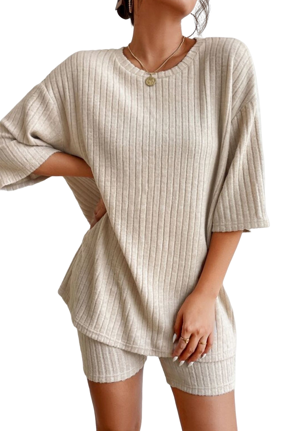 Khaki Ribbed Knit V Neck Slouchy Two-piece Outfit