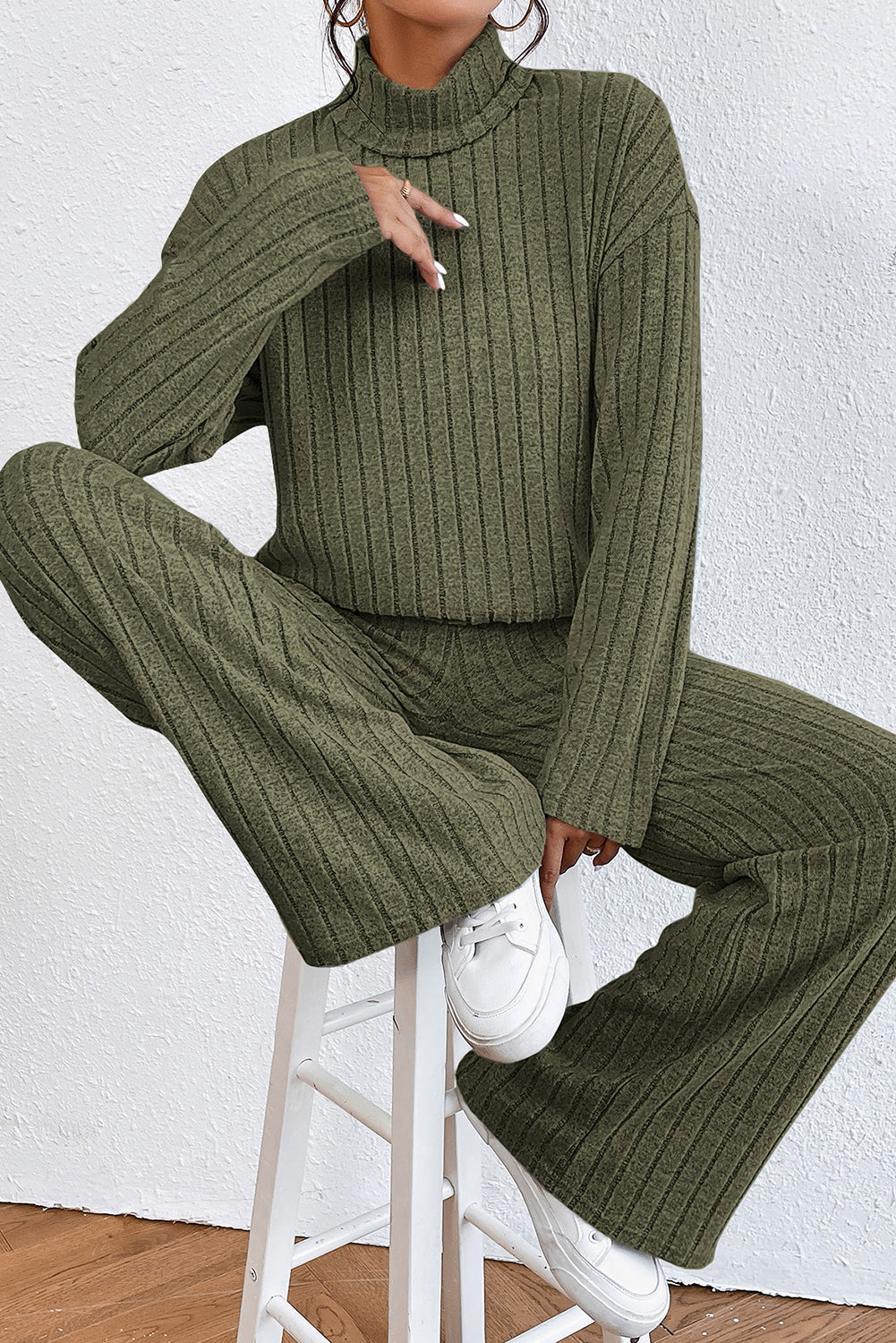 Khaki Ribbed Knit V Neck Slouchy Two-piece Outfit