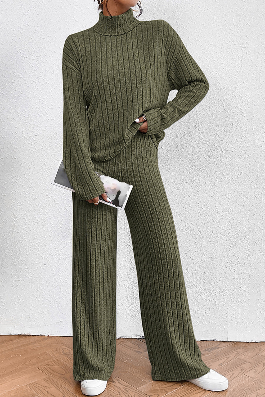 Khaki Ribbed Knit V Neck Slouchy Two-piece Outfit