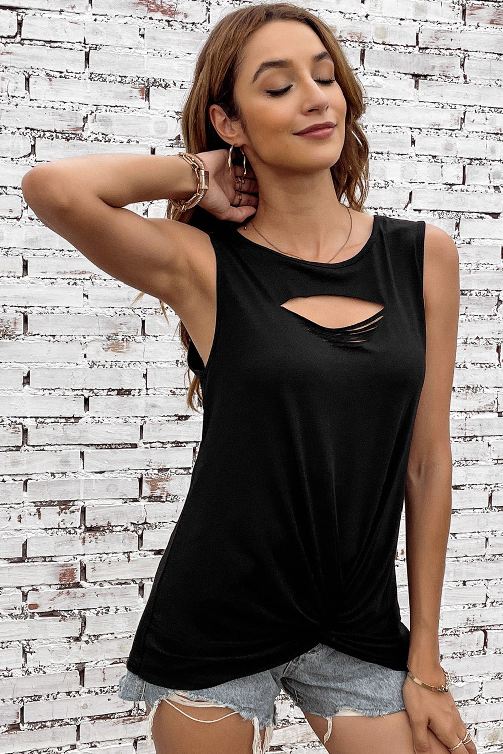 Rose Laser Cut Slits Twist Front Tank Top