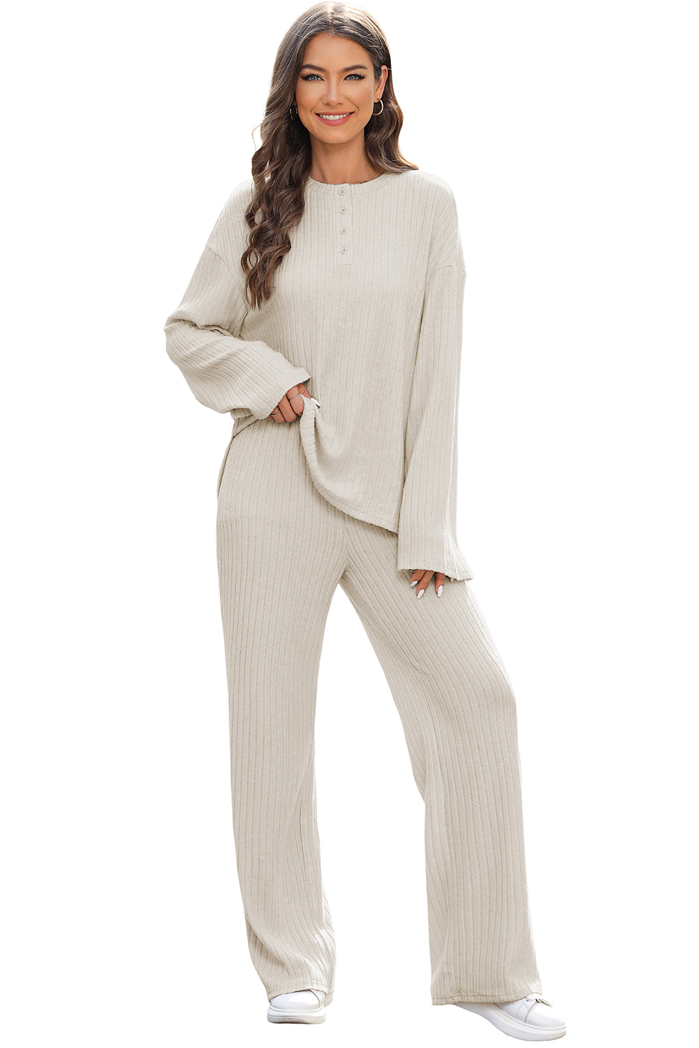 Khaki Ribbed Knit V Neck Slouchy Two-piece Outfit