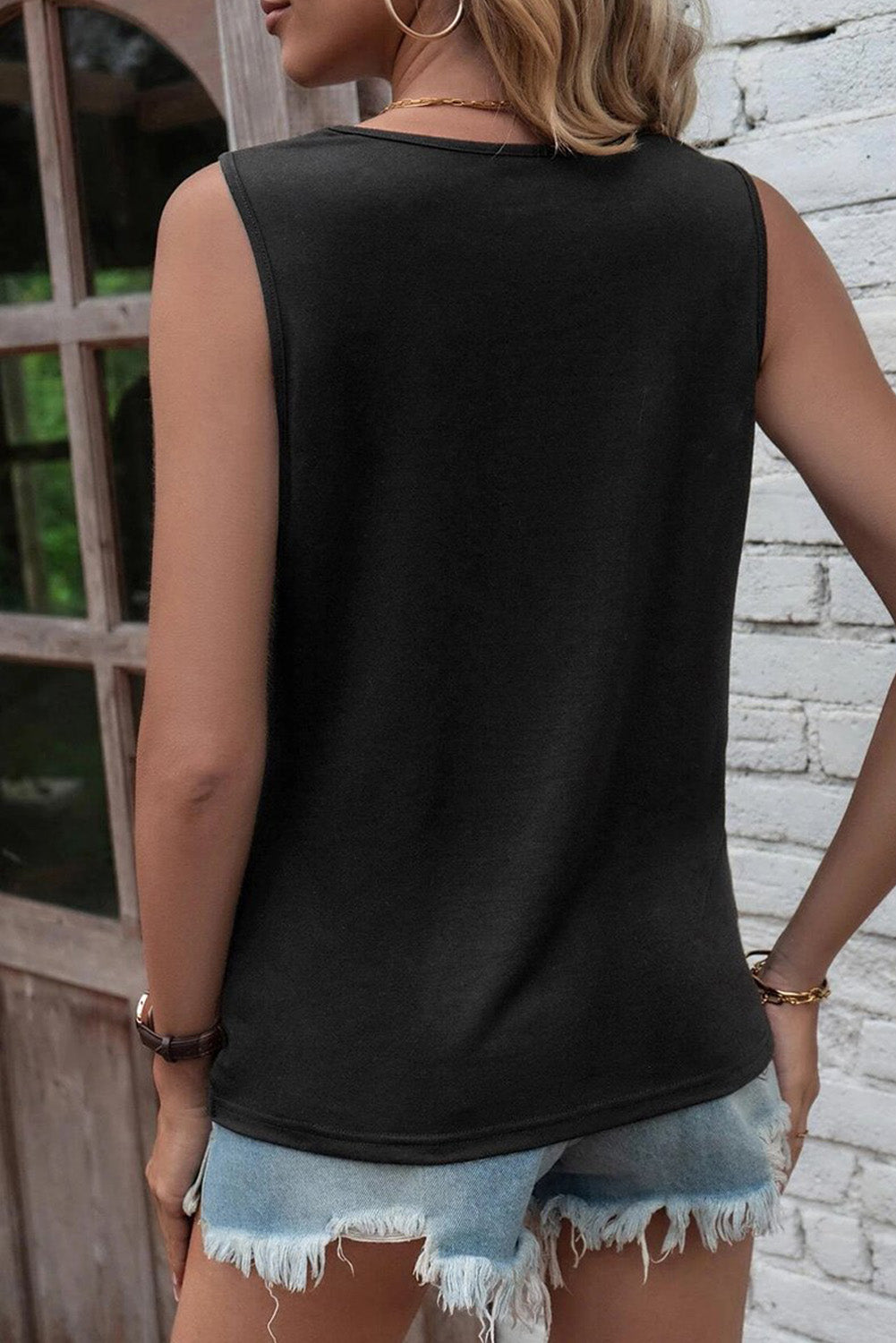 Rose Laser Cut Slits Twist Front Tank Top