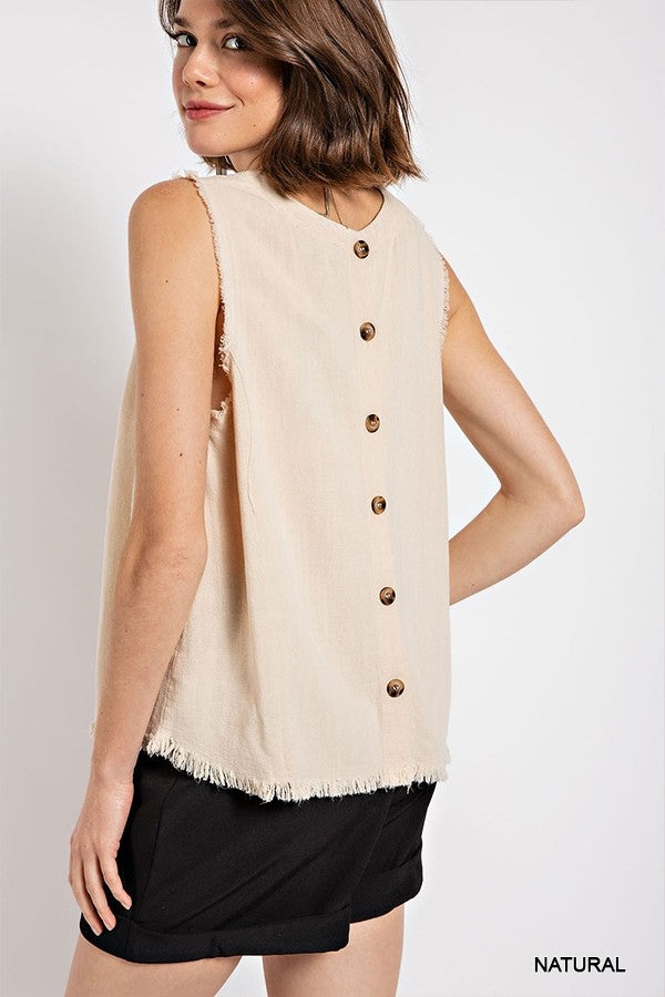 Sleeveless back button closure frayed top